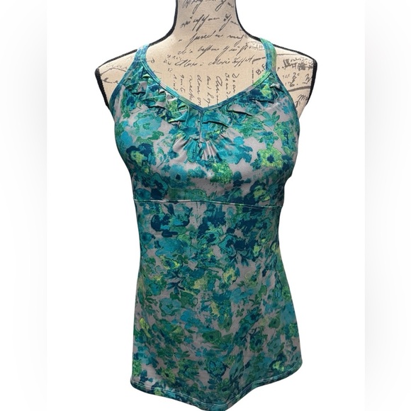 REI Tank Top Women Green Blue Floral Built In Shelf Bra Grey Strappy Size 10 - Picture 8 of 8